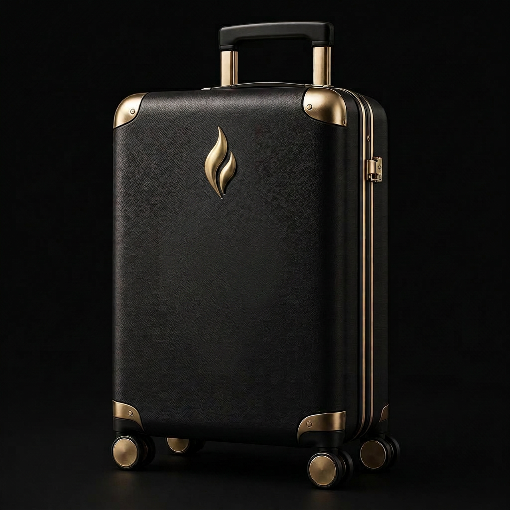 Eterna Lumière black carry-on in a grand Italian train station at dawn