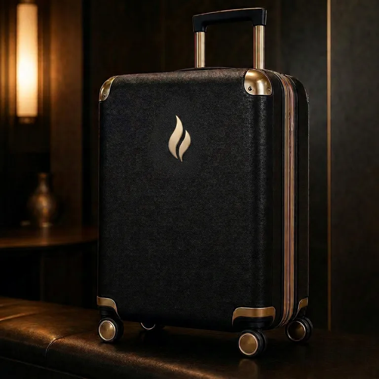 Black and bordeaux Eterna Lumière carry-ons arranged on Italian terrazzo