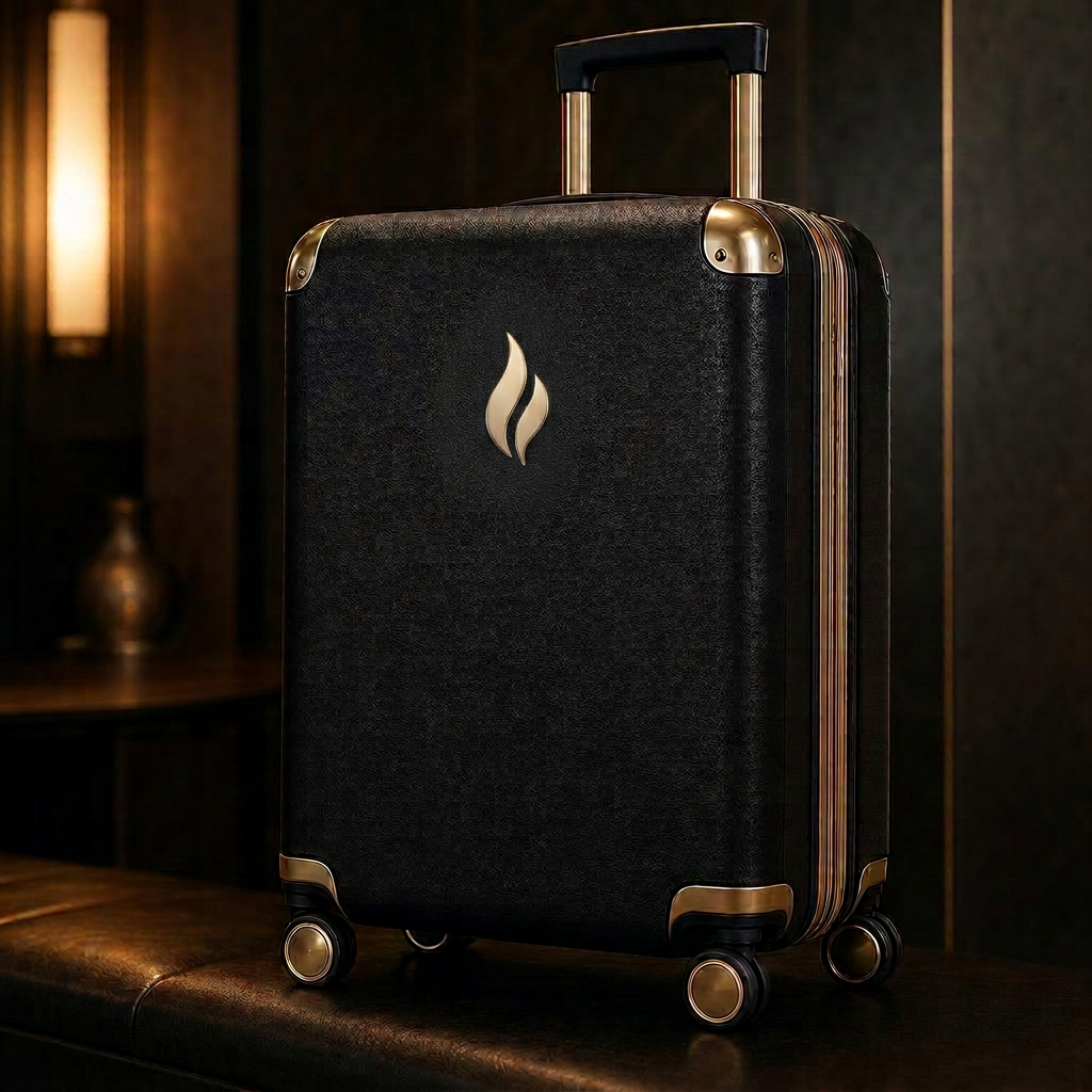 Black and bordeaux Eterna Lumière carry-ons arranged on Italian terrazzo
