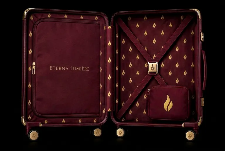 Interior of the Bordeaux Rouge Eterna Lumière suitcase with signature flame lining and gold hardware