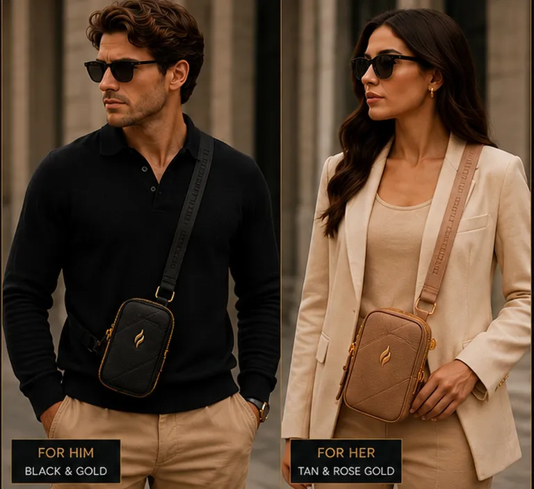 Editorial campaign photograph of a model wearing the Eterna Lumière Side Bag crossbody in midnight black Italian leather with gold hardware and the raised gold two-petal flame emblem