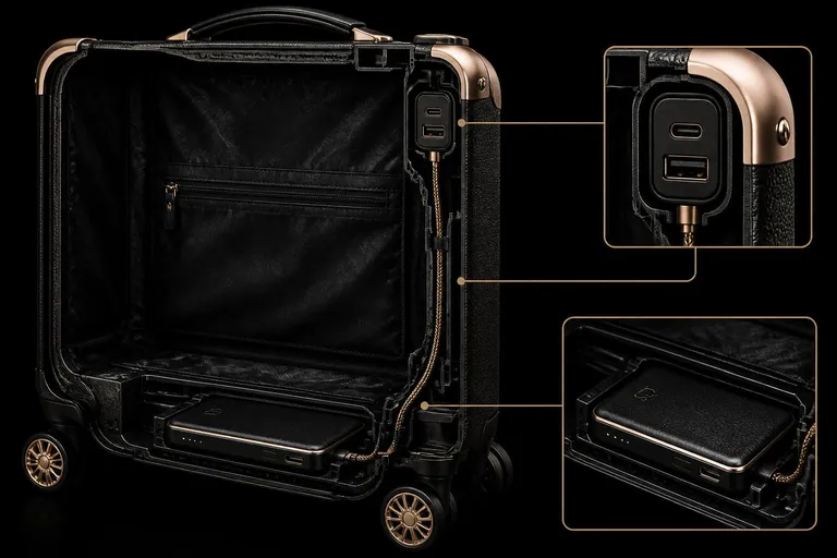 Cutaway of the Eterna Lumière carry-on showing the USB-C and USB-A port module below the gold corner cap, concealed cable routing down the side wall, and the removable 10,000mAh power bank in its recessed base bay