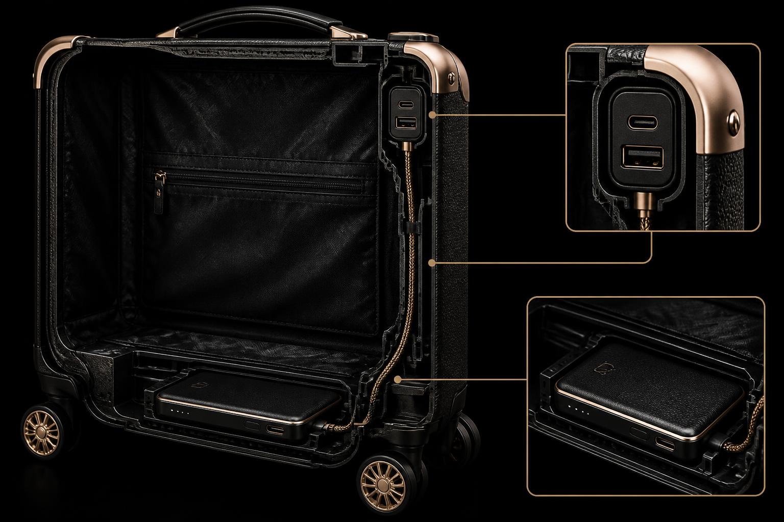 Cutaway of the Eterna Lumière carry-on showing the USB-C and USB-A port module below the gold corner cap, concealed cable routing down the side wall, and the removable 10,000mAh power bank in its recessed base bay
